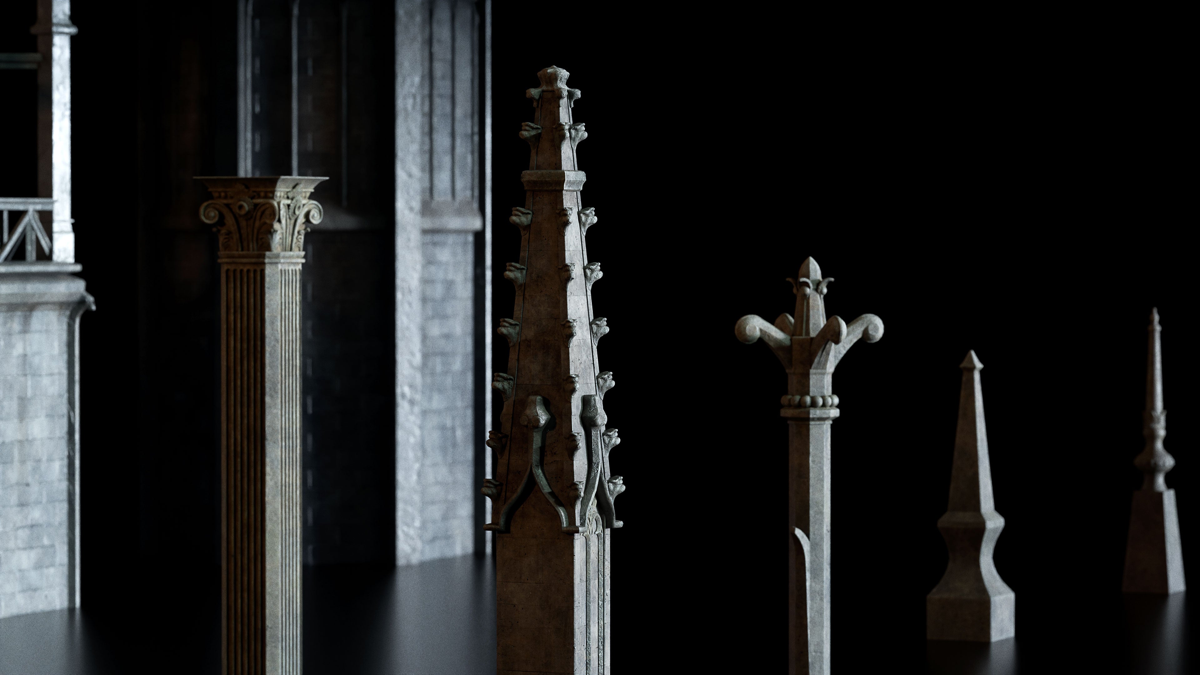 Neo Gothic 3D asset pack featuring a Gotham inspired city with towering gothic buildings, ornate façades, gargoyles, and dramatic atmospheric lighting