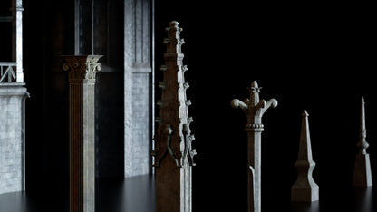 Neo Gothic 3D asset pack featuring a Gotham inspired city with towering gothic buildings, ornate façades, gargoyles, and dramatic atmospheric lighting