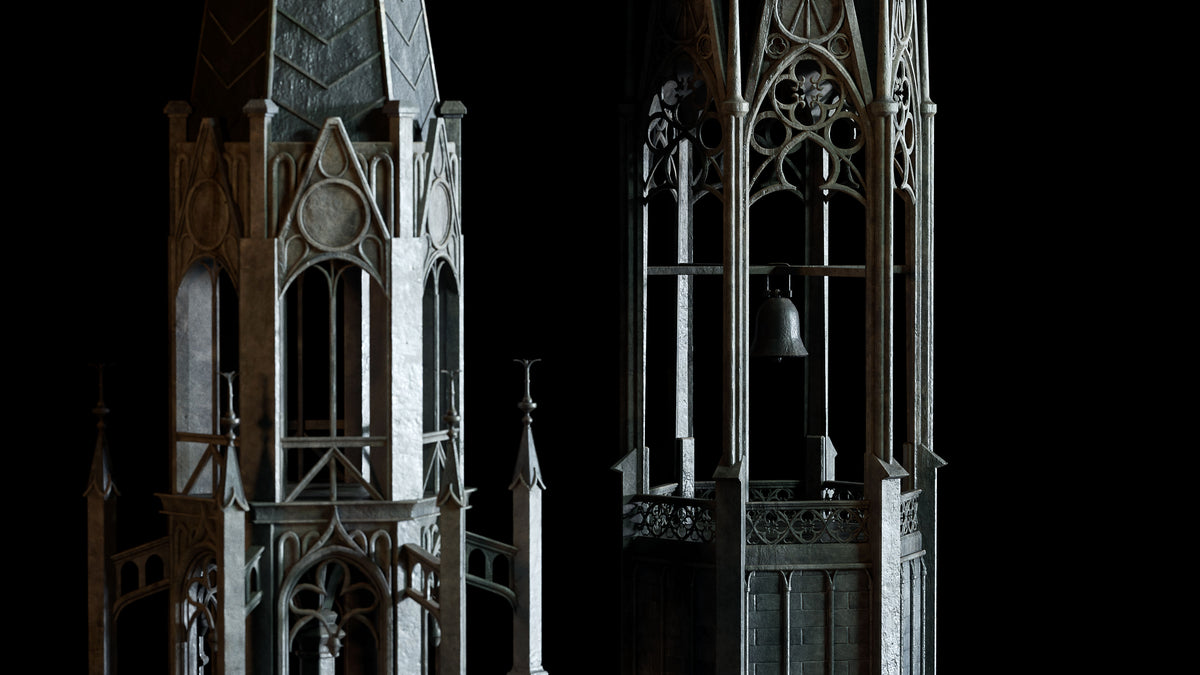 Neo Gothic 3D asset pack featuring a Gotham inspired city with towering gothic buildings, ornate façades, gargoyles, and dramatic atmospheric lighting