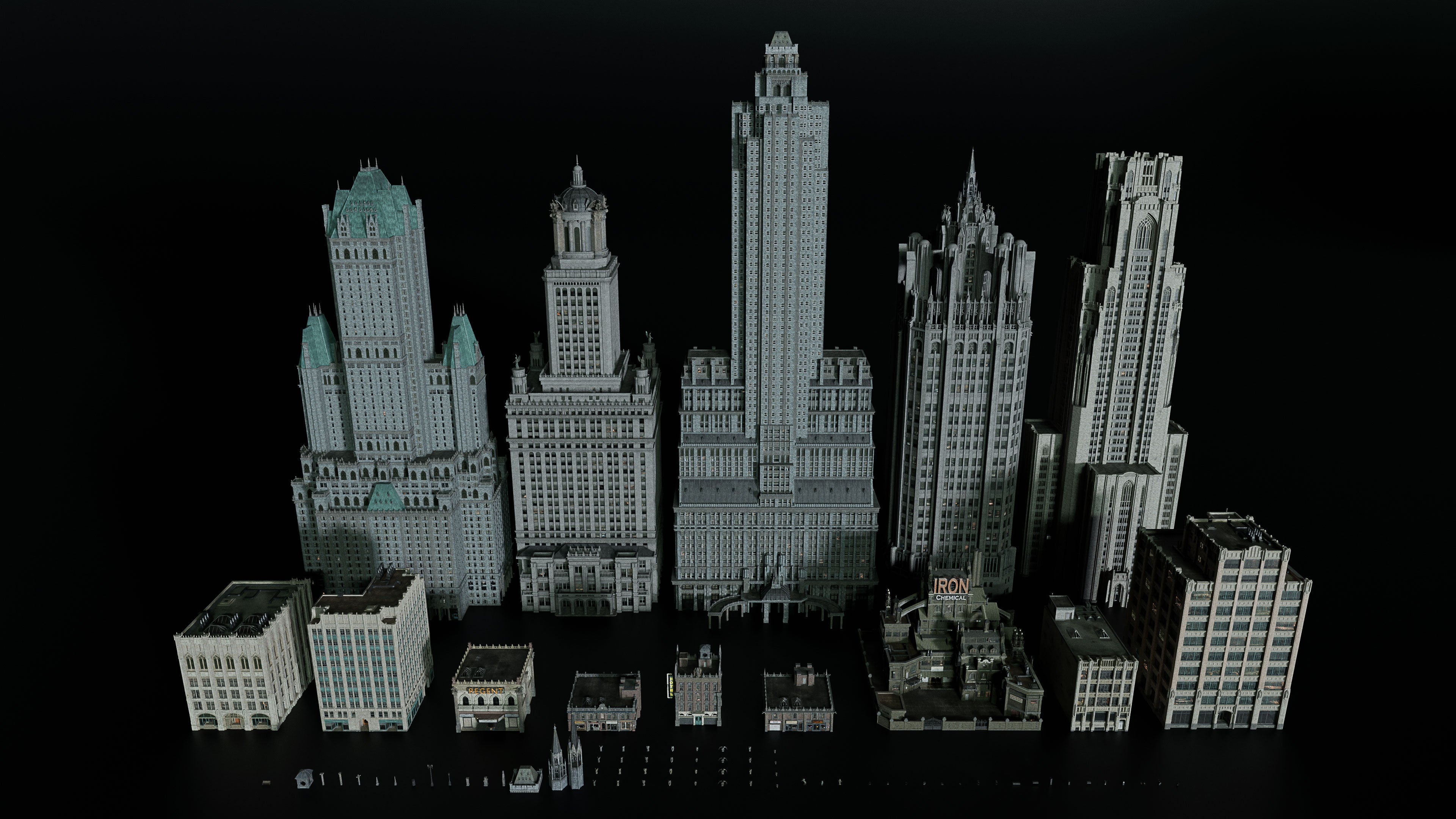 Neo Gothic 3D asset pack featuring a Gotham inspired city with towering gothic buildings, ornate façades, gargoyles, and tribune tower from Chicago. 