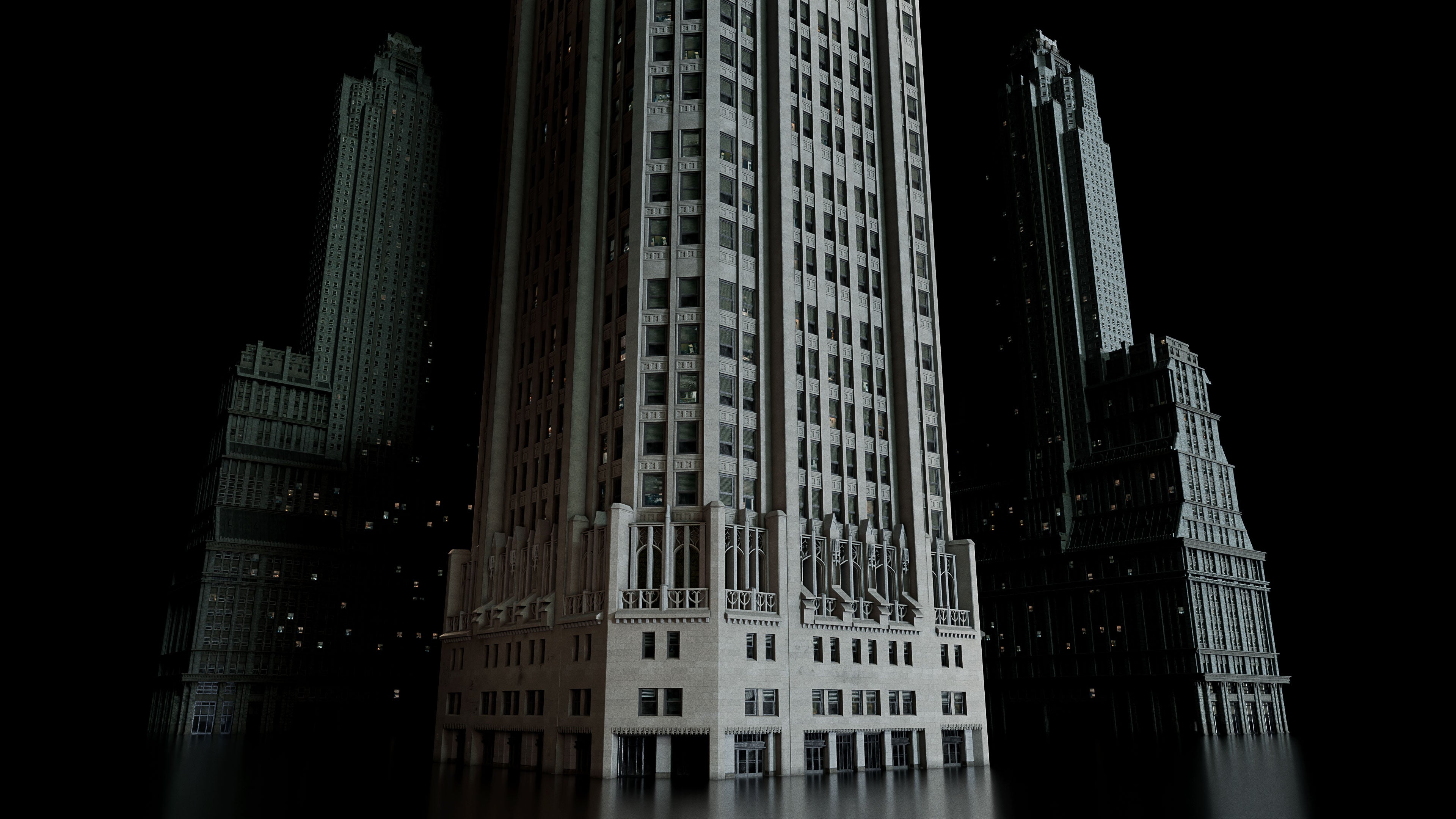 Neo Gothic 3D asset pack featuring a Gotham inspired city with towering gothic buildings, ornate façades, gargoyles, and dramatic atmospheric lighting