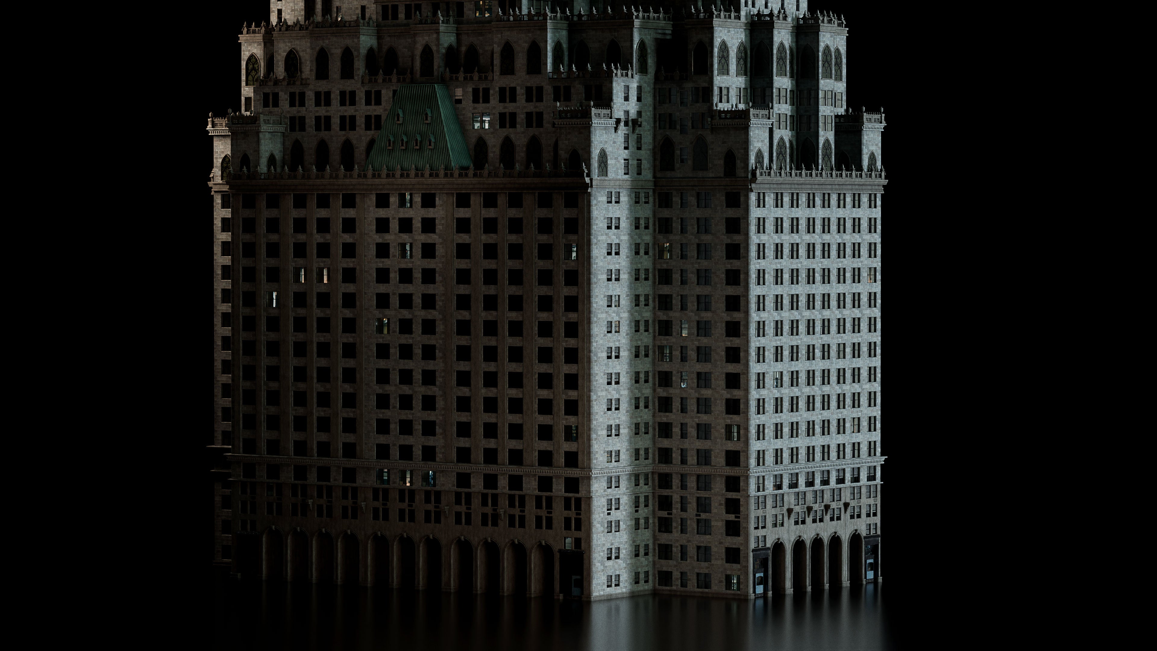 Neo Gothic 3D asset pack featuring a Gotham inspired city with towering gothic buildings, ornate façades, gargoyles, and dramatic atmospheric lighting