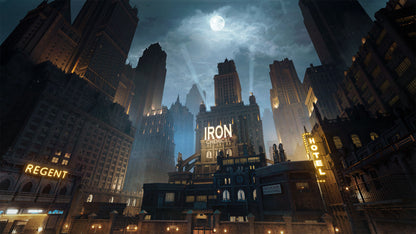Neo Gothic 3D asset pack featuring a Gotham inspired city with towering gothic buildings, ornate façades, gargoyles, and dramatic atmospheric lighting najeeb najjar