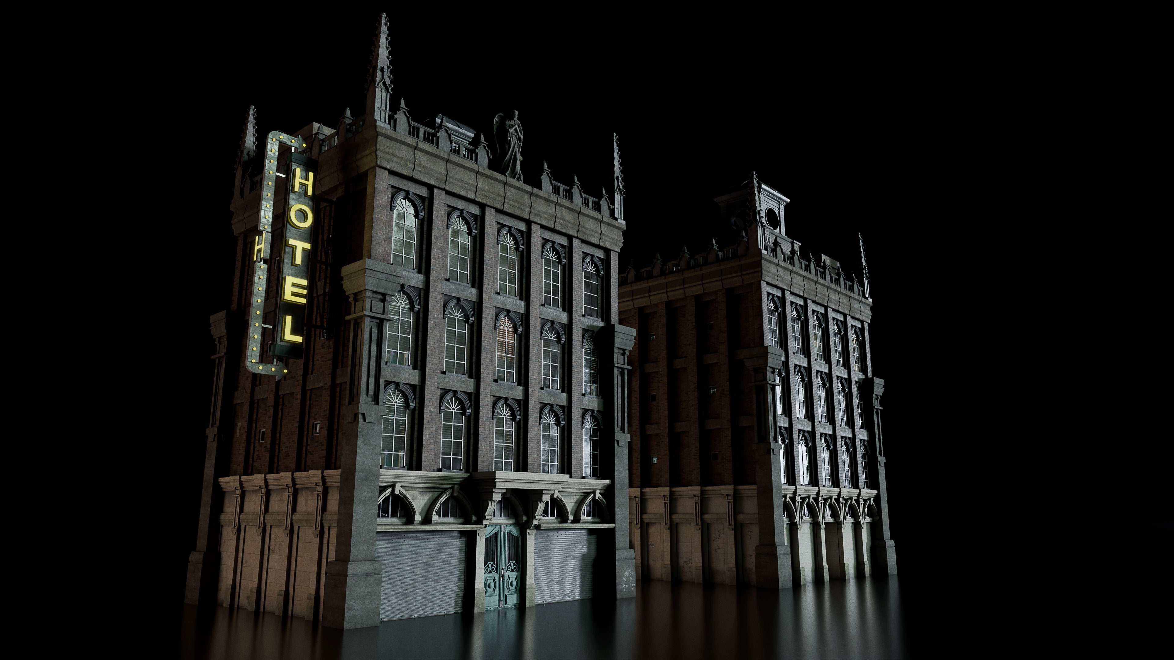 Neo Gothic 3D asset pack featuring a dark, Gotham inspired city with towering buildings, ornate façades, gargoyles, spires, hotel and detailed stone architecture
