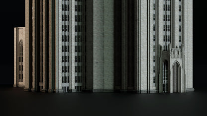 Neo Gothic 3D asset pack featuring a dark, Gotham-inspired city with towering buildings, ornate façades, gargoyles, spires, and detailed stone architecture