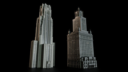 Neo Gothic 3D asset pack featuring a dark, Gotham-inspired city with towering buildings, ornate façades, gargoyles, spires, and detailed stone architecture