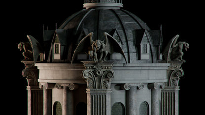 Neo Gothic 3D city scene with towering gothic buildings, ornate façades, gargoyles, and dark city