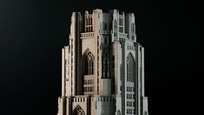 Gothic revival 3D asset pack featuring a dark, Gotham inspired city with towering buildings, ornate façades, gargoyles, spires, Pittsburgh inspired university and detailed stone architecture