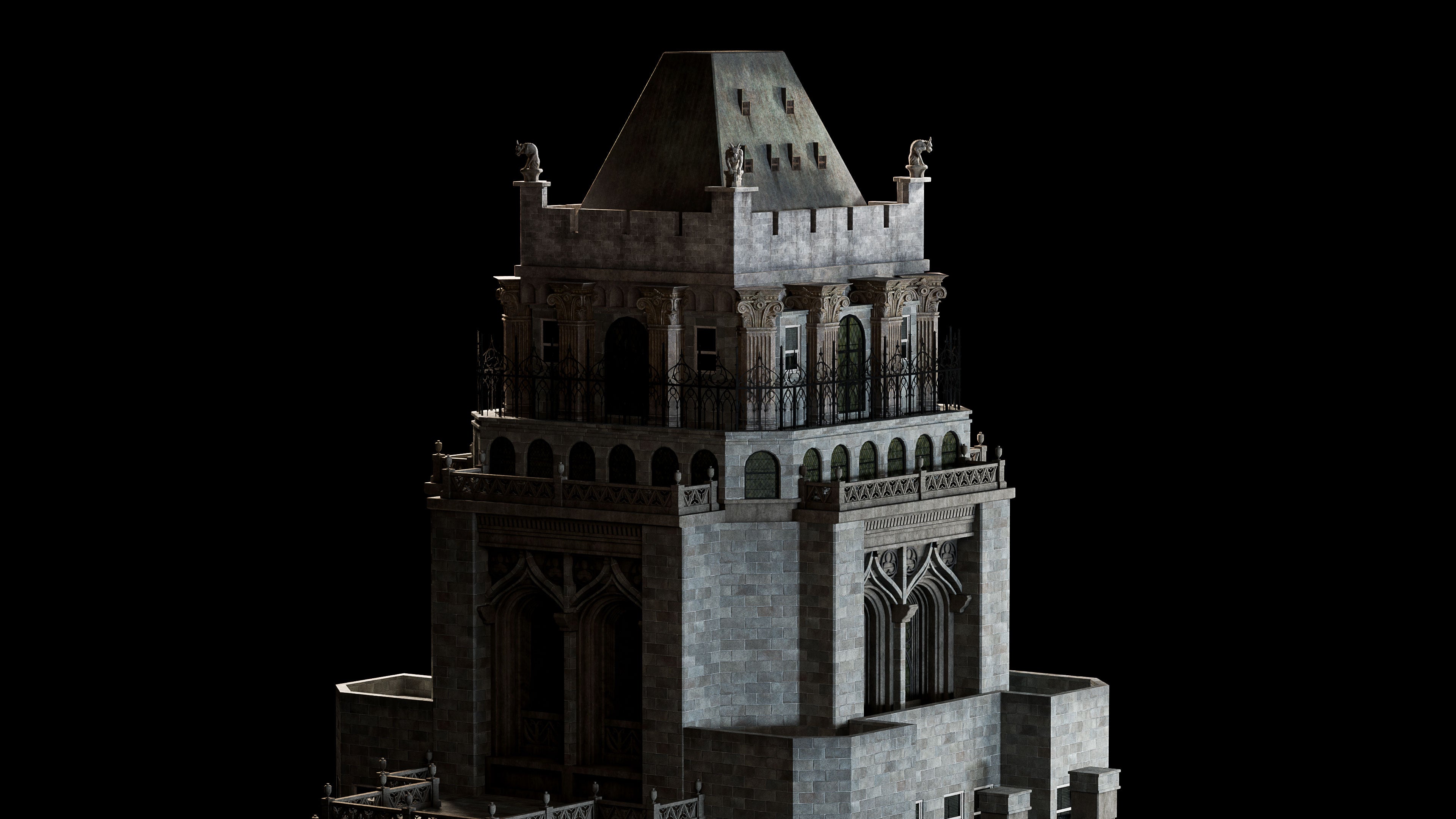 Neo Gothic 3D asset pack featuring a dark, Gotham inspired city with towering buildings, ornate façades, gargoyles, spires, and detailed stone architecture
