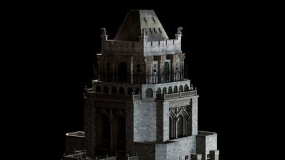 Neo Gothic 3D asset pack featuring a dark, Gotham inspired city with towering buildings, ornate façades, gargoyles, spires, and detailed stone architecture