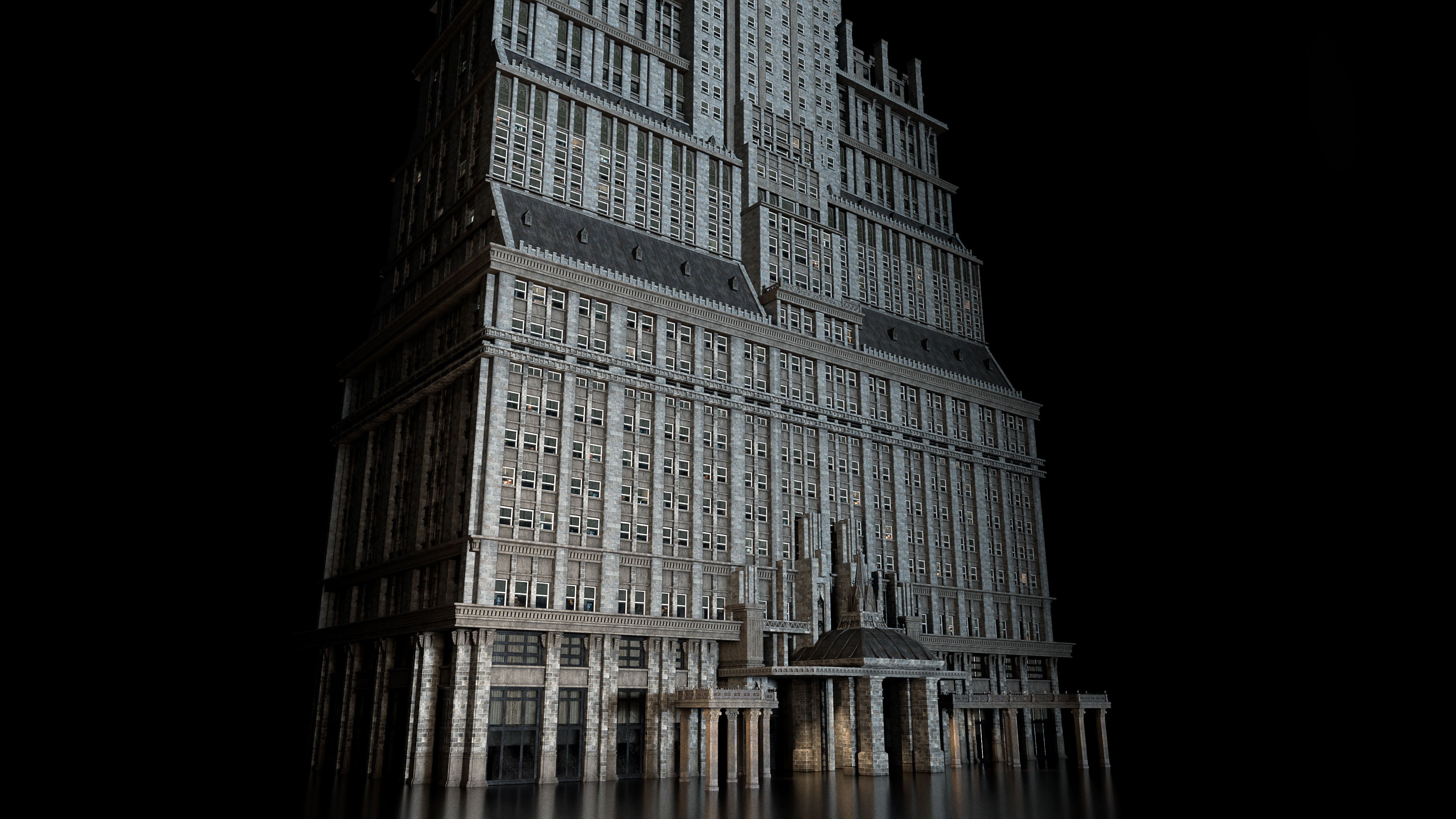 Neo Gothic 3D asset pack featuring a dark, Gotham inspired city with towering buildings, ornate façades, gargoyles, spires, and detailed stone architecture