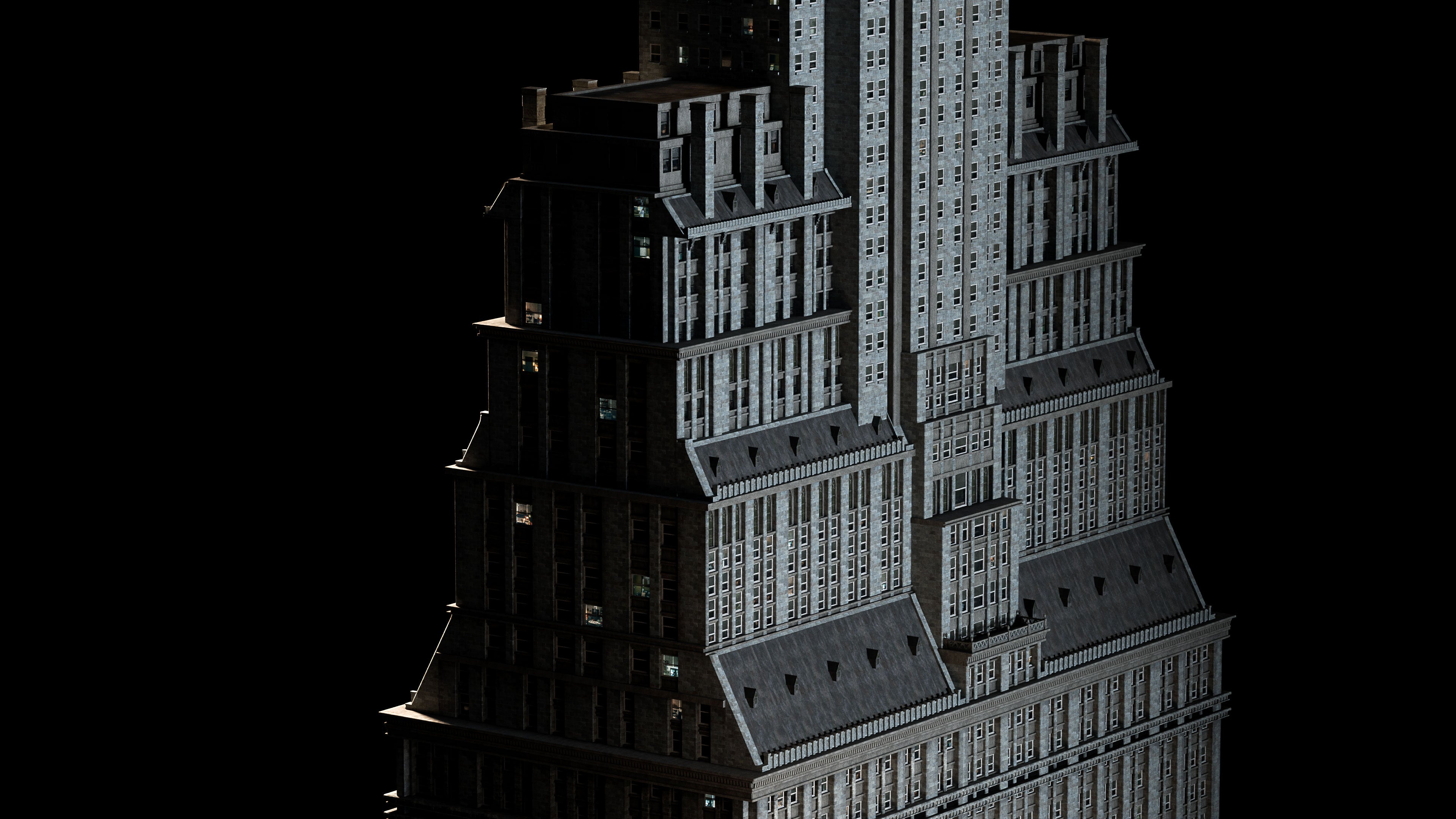 Neo Gothic 3D asset pack featuring a dark, Gotham inspired city with towering buildings, ornate façades, gargoyles, spires, and detailed stone architecture