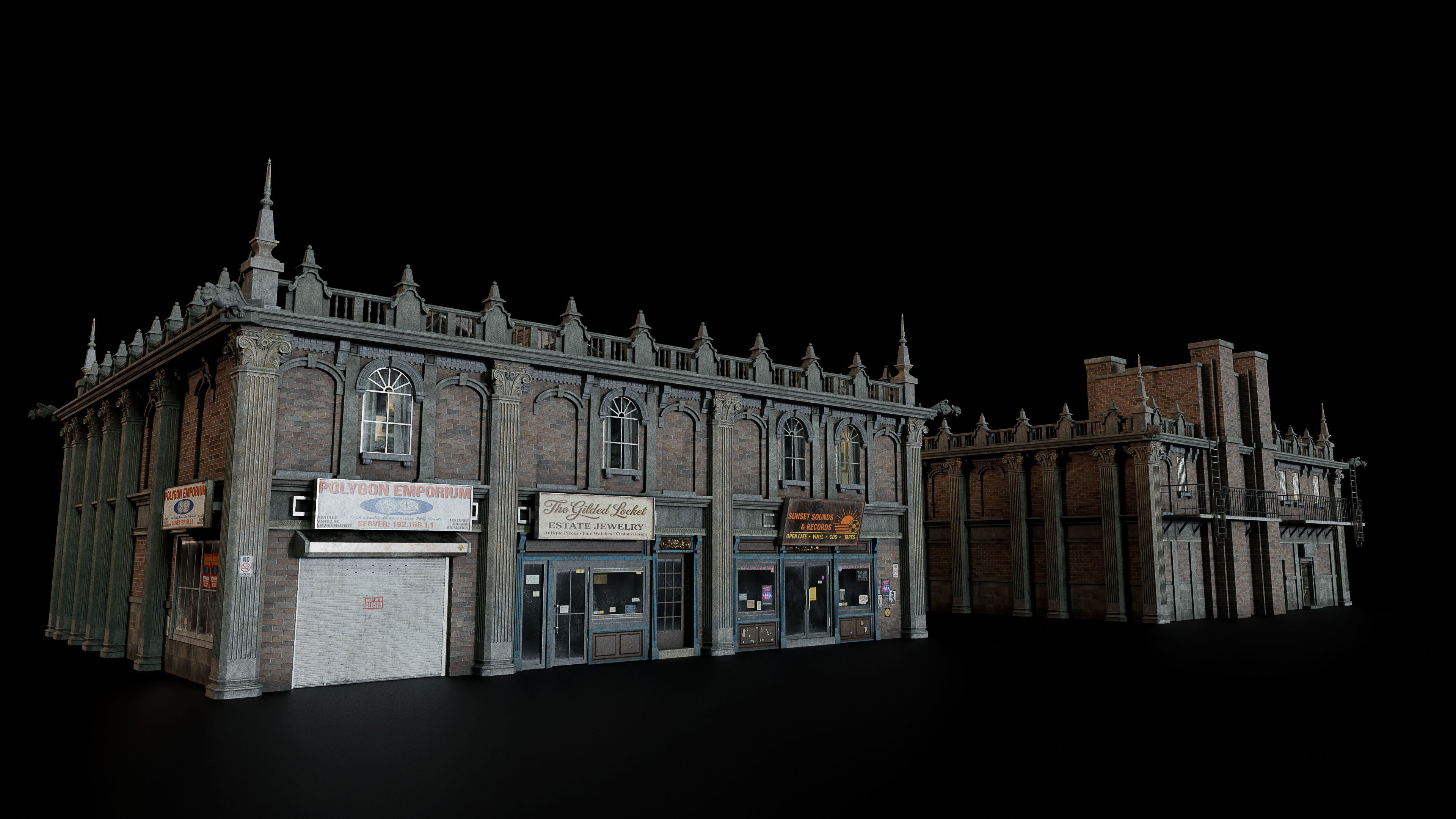Neo Gothic 3D asset pack featuring a dark, Gotham inspired city with towering buildings, ornate façades, gargoyles, spires, store, jewelry and detailed stone architecture