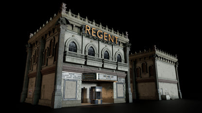 Neo Gothic 3D asset pack featuring a dark, Gotham inspired city with towering buildings, ornate façades, gargoyles, spires, and detailed stone architecture theatre