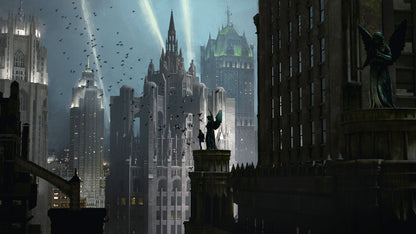 Neo Gothic 3D asset pack featuring a Gotham inspired city with towering gothic buildings, ornate façades, gargoyles, and dramatic atmospheric lighting