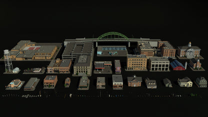  small town American 3d asset pack usa flag motel theatre city hall water tank suburban houses restaurant retail store shops premium models props aircon hvac garbage container  trash can antenna street light lamp post fire hydrant beach chair for videogame