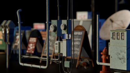 Small town American props conceptize 3d asset pack usa flag motel theatre city hall water tank suburban houses restaurant retail store shops premium models props aircon hvac garbage container  trash can antenna street light lamp post fire hydrant beach chair for videogame
